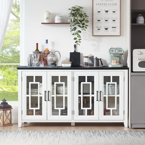 Large-Sideboard-Buffet-Cabinet-with-Storage-63-Farmhouse-White-Kitchen-Coffee-Wine-Bar-Cabinet-with-4-Glass-Doors-Wood-Mid-Century-Modern-Side-Board-Table-for-Dining-Room-Living-Room Large Sideboard Buffet Cabinet with Storage 63 Farmhouse White Kitchen Coffee Wine Bar Cabinet with 4 Glass Doors Wood Mid Century Modern Side Board Table for Dining Room Living Room