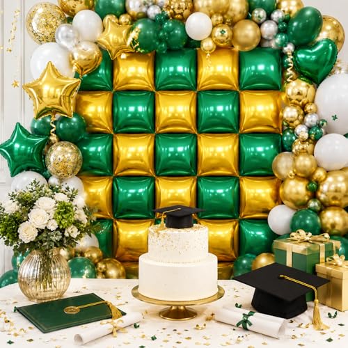 Image of Metallic Dark Green and Gold Double Sided Square Foil Balloons Wall,19 Inches Chrome Foil Balloons Tunnel Arch Kit for Bachelorette, Anniversary, New Year,2026 Graduation,Birthday Party Decorations