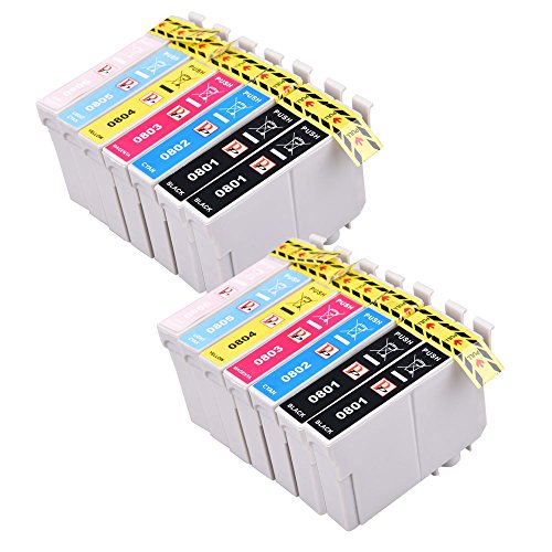 PerfectPrint Compatible Cartouche d'Encre de remplacement pour EPSON STYLUS PHOTO P50u00a0R265u00a0R285u00a0R360u00a0Rx-560u00a0585u00a0Px-650u00a0660u00a0700u00a0W 710u00a0W 720u00a0WD 730u00a0WD T0807u00a0(Noir/cyan/magenta/jaune/Light-cyan/Light-magenta, 14-pack)