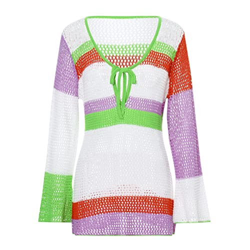 Image of Women Crochet Knit Mini Dress Colorful Striped Long Sleeve See Through Mesh Cover Ups Summer Beach Wear