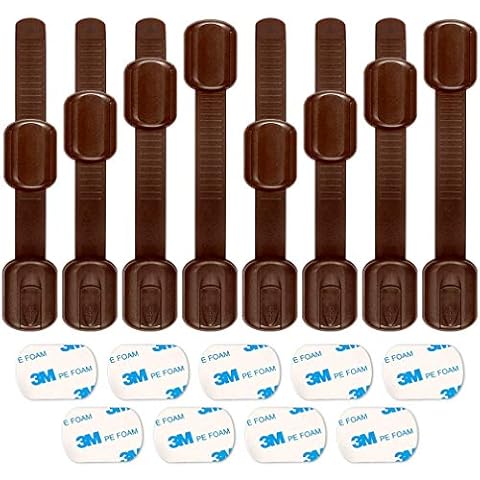 Child Safety Locks, ALBOYI 8-Pack Brown Baby Proofing Cupboard Lock Adjustable Size Adhesive Lock for Cabinets/Drawers/Appliances/Toilet Seat/Refrigerator/Oven, Free 9 Extra 3M Adhesive Pads Cover