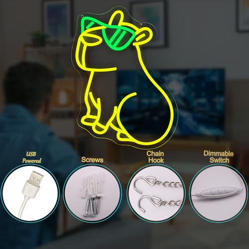 Image of Yellow Capybara Neon Sign USB Powered for Wall Decor, Capybara Neon Night Light Sign Dimmable for Children's Room Party Decor Capybara Lover Birthday Gifts
