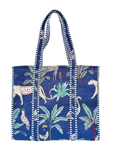 Rastogi Handicrafts Quilted Cotton Women Beautiful Printed Grocery Shopping Bag, Shoulder Bag, Tote Bag, Travel Bags, Dark Blue, 18X6X15 Inch