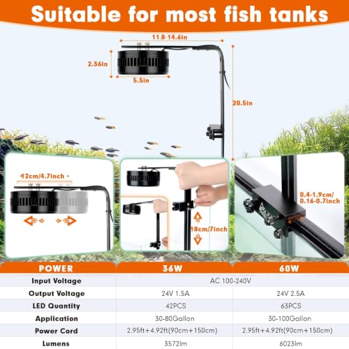 Image of AQQA Clip On Aquarium Light, Full Spectrum LED Fish Tank Stream Light | with 3 Modes (White /RGB /Full Spectrum), Timer & 6 Brightness Levels, Adjustable Clamp for Freshwater Plants Fish Tanks
