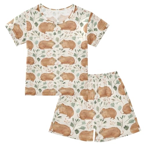 ALAZA Retro Capybara Leaf Pajamas Short Sleeve 2 Piece Sleepwear Top and Bottom Pajama Set Unisex