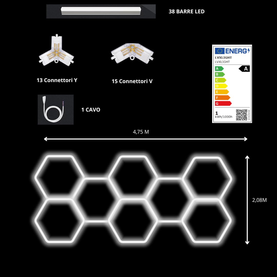 ILLUMINAZIONE LED NIDO D'APE ESAGONALE GARAGE CARROZZERIA BARBER SHOP ROMBO TATOO STUDIO DETAILING GOMMISTA AUTOLAVAGGIO LUCIDATURA (4,75x2,08 M)