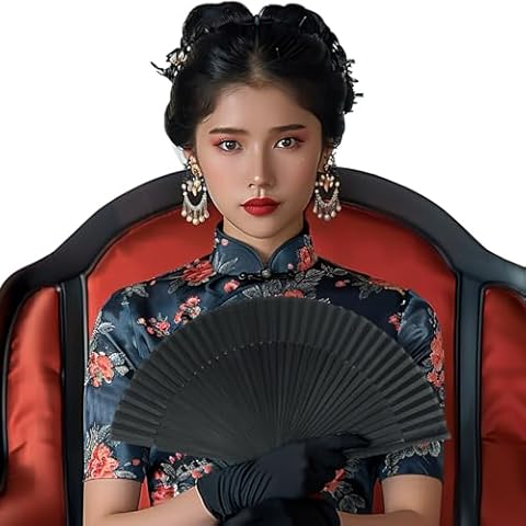 CHOWMI Hand Held Fan for Women Foldable, Chinese Japanese Vintage Bamboo Silk Folding Fans Hand Fan for Dance Music Festival Wedding (Black) Cover
