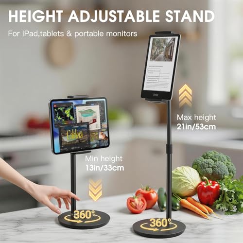 Image of Tablet Stand Holder,ipad Stand for Desk,360 Rotatable Base,13-21 inch Height Adjustable Portable Monitor Stand,Aluminum Desktop Tablet Stand iPad Holder for Desk for 4.7 inch-15.6 inch Kindle, Samsung,Phones