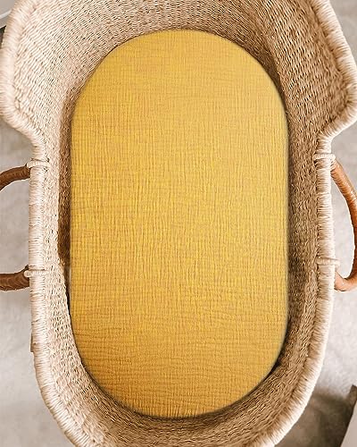 Image of Bassinet Sheet for Baby Boy and Girl 2 Pack, Fitted Sheets for Rectangle, Oval, Hourglass Bassinet Mattress, Muslin Moses Basket Sheets with Neutral Style (Beige & Mustard Yellow)