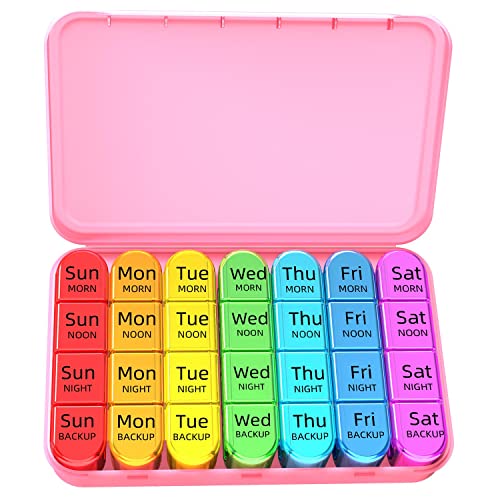 Doruimi Weekly Pill Box Organiser, Small Pill Box 7 Day 4 Times A Day, Pill Organiser with 28 Copartments to Hold Plenty of Medication, Vitamins and Supplements - Pink Case