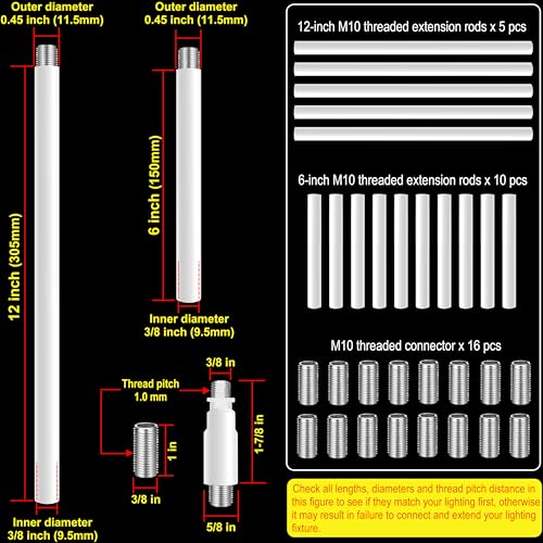 Image of M10 Threaded Extension Poles, 5 PCS 12-inch & 10 PCS 6-inch Lighting Fixture Downrods Stems & 180 Degrees Sloped Ceiling Adapter Kits for Pendant Light, Island Lighting, Chandeliers (White)