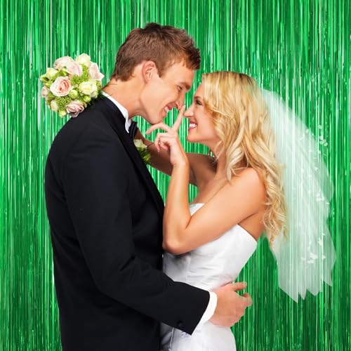 Image of Green Foil Curtain Backdrop, 2Pack Green Metallic Tinsel Foil Fringe Curtains Photo Booth Props for Birthday Wedding Engagement Baby Shower Bachelorette Christmas Celebration Jungle Party Decorations