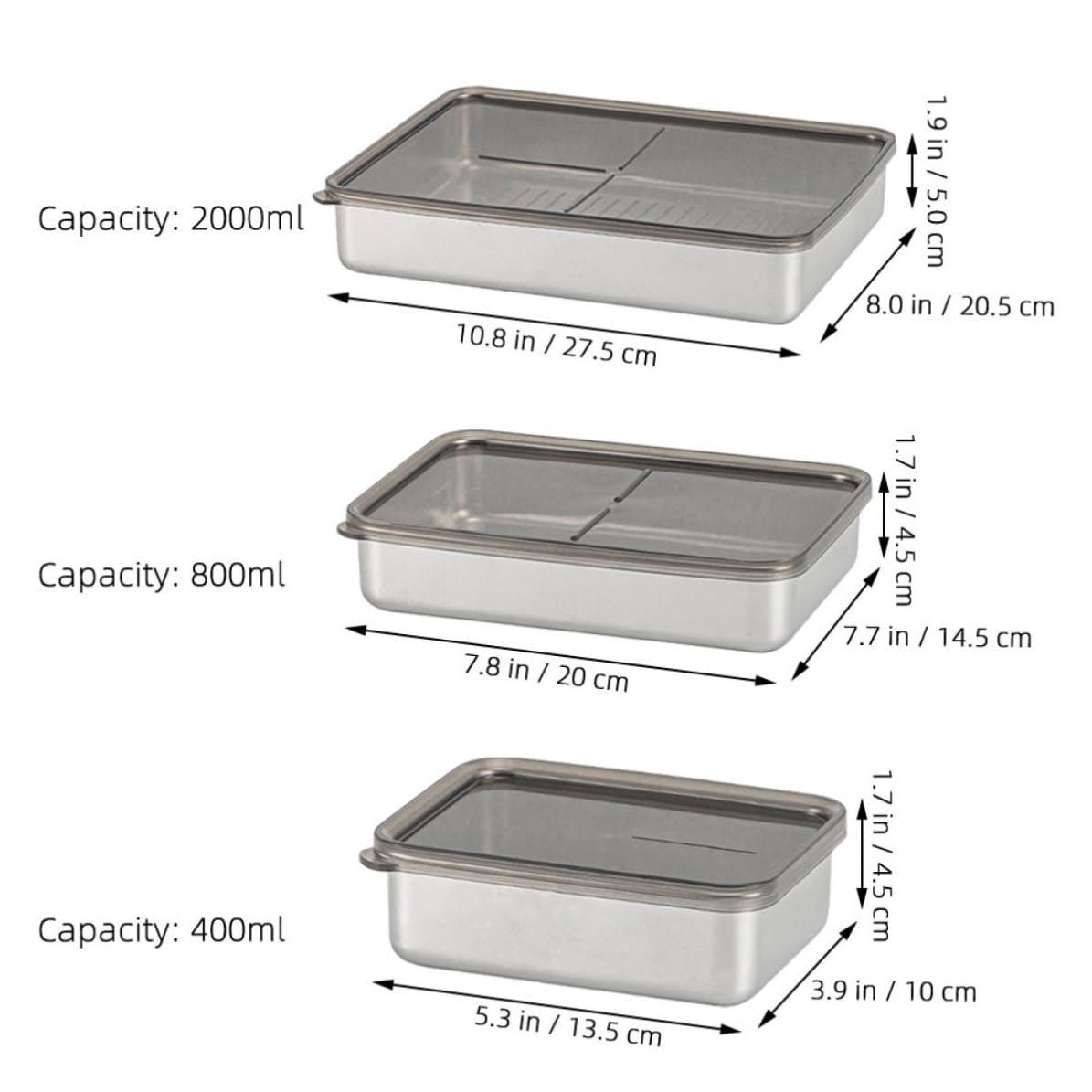 3 Piezas Contenedores de Alimentos con Tapa Transparente para Refrigerador de Acero Inoxidable y Pp Capacidad 2000ml, 800ml y 400ml, Apilables y Ahorradores de Espacio para Cocina