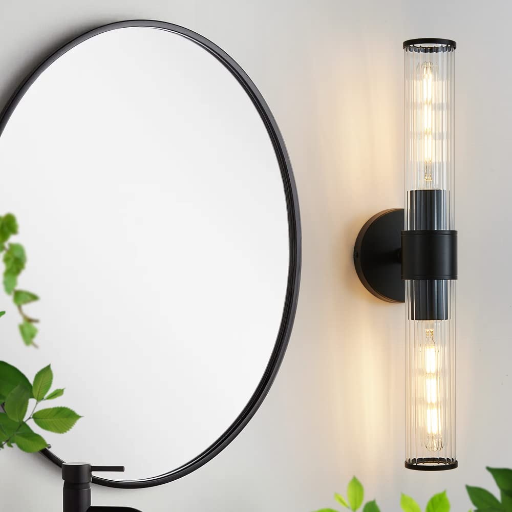 Vaziden Bathroom Light Fixtures, Black Vanity Lights in Threaded Glass Indoor Wall Sconce, Modern Bathroom Vanity Light Up and Down Wall Mount Lamp for Bathroom, Living Room, Hallway, Kitchen