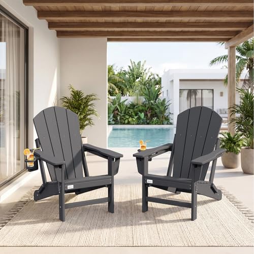 Mdeam Oversized 3-Level Adjustable Adirondack Chairs Set of 2, 400LBS Capacity HDPE Heavy Duty Tanning Chair with Cup Holder, All-Weather Folding Fire Pit Outdoor Chair for Patio Garden Lawn - Grey