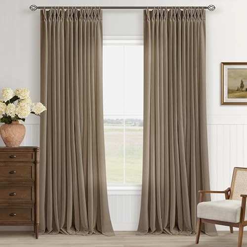 Image of Dark Brown Semi Sheer Pinch Pleated Linen Curtains 40 X 96 Inch Long Drapes | Hook Rings Memory Shape, Bedroom Dining Room, Light-Filtering Privacy, Thick Burlap Textured, Shabby Chic Farmhouse Vintage