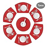 Jutao Round Table PVC Placemats for Dining Table Wedge Woven Polyester Placemats Washable Heat Resistant Stain-Resistant Table Mats for Kitchen Table(Red 7 pcs)