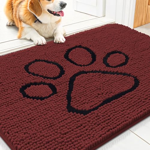 Image of Smiry Dog Door Mat for Muddy Paws, Absorbent Dirt Trapper Non Slip Quick Dry Washable Chenille Mat for Mud Dogs, Entry Rug for Indoor and Outdoor (30x20 Inches, Caramel Russet and Black)
