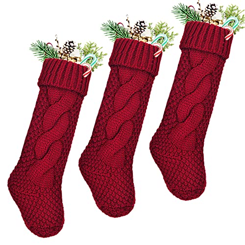 LimBridge Christmas Stockings, 3 Pack 18 inches Large Size Cable Knit Knitted Xmas Rustic Personalized Stocking Decorations for Family Holiday Season Decor, Burgundy