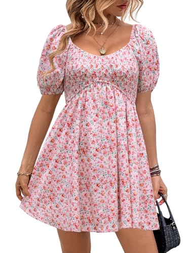 Image of Womens Babydoll Dress 2026 Summer Casual Puff Sleeve V Neck Cute Boho Smocked Flowy Short Sundress Beach Mini Dresses
