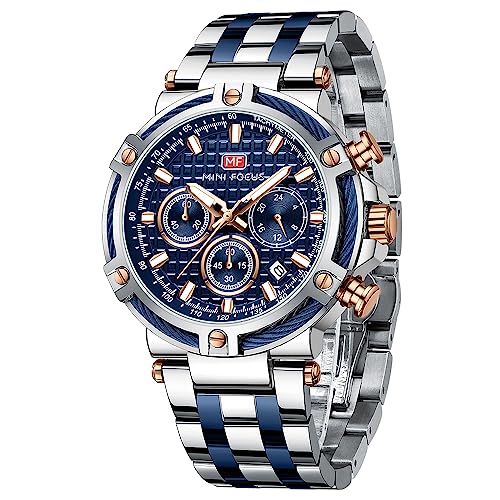 MF MINI FOCUS Business Men Watches (Chronograph/Waterproof/Luminous/Calendar/24 Hours) Big Face Stainless Steel Band Watches for Men