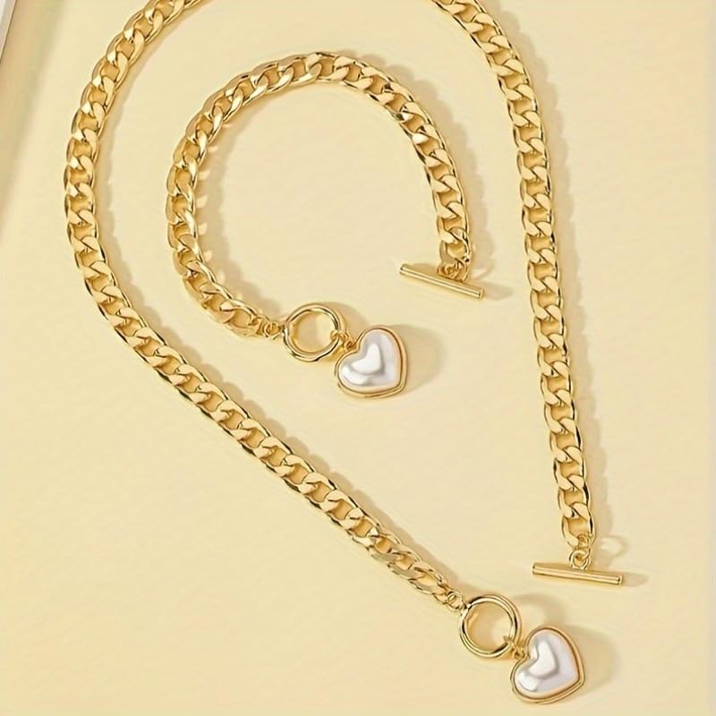 Pearl Heart Necklace and Bracelet Set for WomenHeart Locket Choker with Cuban Link Chain, Chunky Statement Jewelry for Women Trendy Party Jewelry Set - Image 4