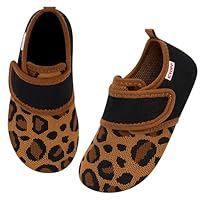 Kyopp Hausschuhe Kinder Barfussschuhe Klettverschluss für Jungen Mädchen Atmungsaktive Breite Pantoffeln Rutschfest Kindergarten Slippers(Leopardenmuster Braun, 34/35EU)