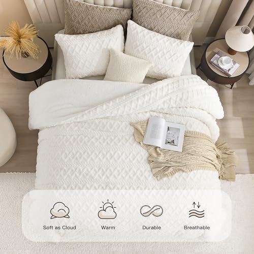 Image of Andency Fluffy Sherpa Queen Comforter Set, White Fleece Soft Bedding Set