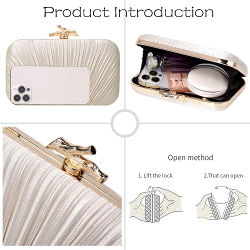 Image of MR Clutch Purses for Women Pleated Evening Clutch Wedding Purse with Chain | Pleated Satin Clutch Purse, Womens Evening Bag Shoulder Crossbody Purse Wedding Clutch for Wedding Prom Party