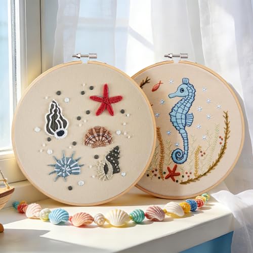 Image of Beach Embroidery Kits for Beginners Adults, Coastal Hand Embroidery Set Needlepoint Kits, Stamped Cross Stitch Kits for Beginners Adults, 2 Embroidery Hoops, Fabric, Thread (Attached Video Tutorial)