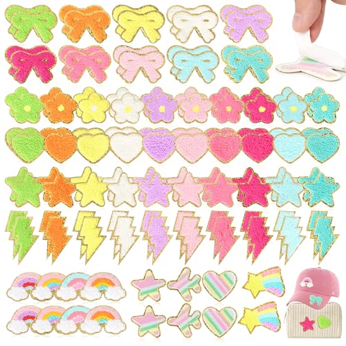 Self-Adhesive Chenille Patches for Girly Bags: NICEVINYL 116PCS Multicolor Flower Star Heart Cute Patch Embroidered Stick on - Lightning Rainbow Sticker Applique for Clothing Fabric Backpack Decor