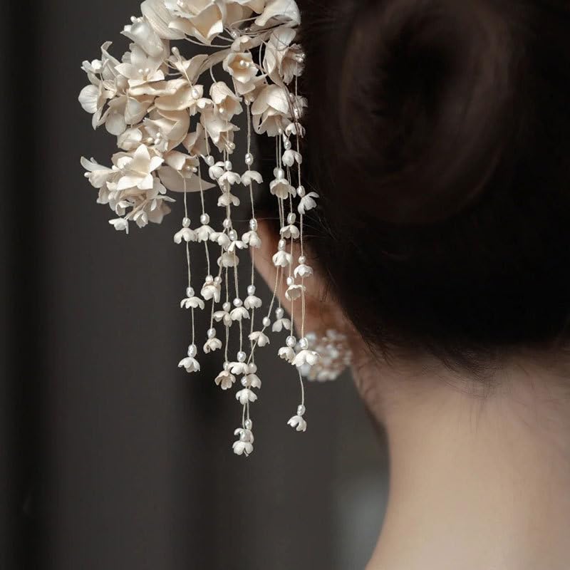 Flower Tassel Wedding Hair Clips Silver Pearl Hair Pieces Headpiece Hair Barrette Hair Pins Floral Bridal Hair Accessories for Women and Girls (White)
