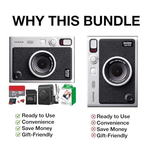 Fujifilm Instax Mini EVO Hybrid Instant Camera (Black) Bundle with Instax-Mini Twin Pack Instant-Film 20 Sheets + 32GB Memory Card + Vintage Black Mini-Evo Camera Case + Cleaning Cloth - Image 5