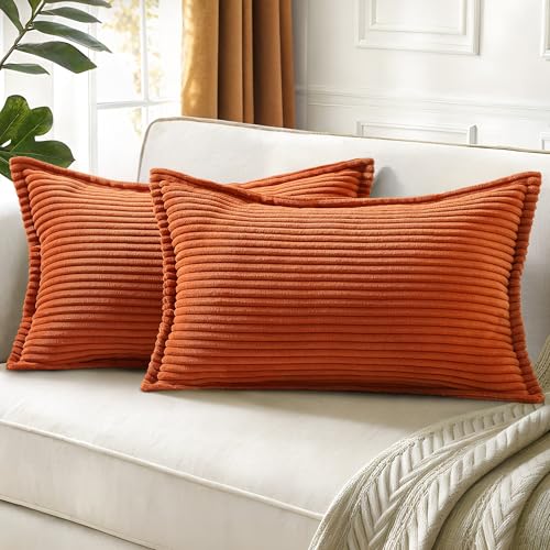 decorUhome Fall Corduroy Rust Throw Pillow Covers 12x20 Set of 2 Decorative Soft Boho Striped Lumbar Neutral Euro Farmhouse Couch Pillow Cases with Broadside for Living Room Bed Sofa