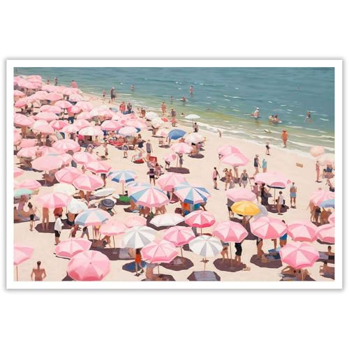 Vintage Beach Canvas Wall Art Pink Beach Umbrella Poster Pink Canvas Wall Art Maximalist Abstract Coastal Print Preppy Girly Apartment Decor Aesthetic Living Room Bedroom Poster 12x16in Unframed