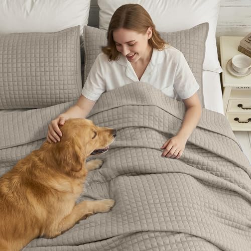 Image of Wonderful 3 Piece Waffle Weave Quilt Set Queen Size, Grey Lightweight Bedspread Coverlet for All Season, Ultra Soft Microfiber Bedding Set with 2 Pillow Shams, Waffle Pattern Quilted Design 94 inchx94 inch | Breathable & Cozy