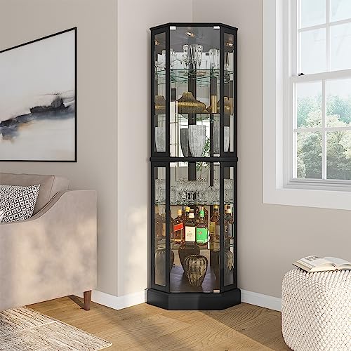 Image of BELLEZE Lighted 3-Side Glass Display Curio Cabinet with Tempered Glass Doors and Shelves, Curved Wood Corner Cabinet with Bulb, Corner Curio Storage Rack for Bar and Liquor Storage - Ashfield (Black)