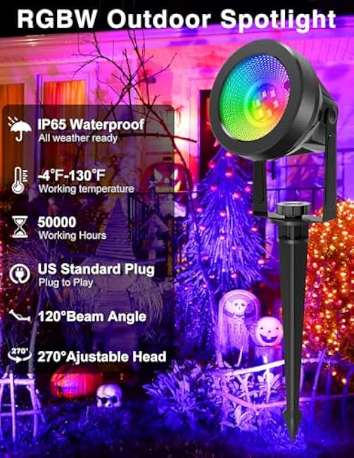 Halloween RGB Spot Lights Outdoor, Color Changing Landscape Lighting, Waterproof Spotlight with US Plug for Yard Tree Garden Path House Christmas Decoration (6 Pack)