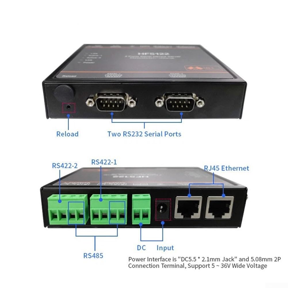 HF5122 Industrial para Gateway para conversión de serie a Ethernet, adaptador RS232/RS485/RS422 de 2 puertos con MIPS MCU, seguro por TLS/AES/DES3, configuración web simple, rango ancho de 5-36 V para