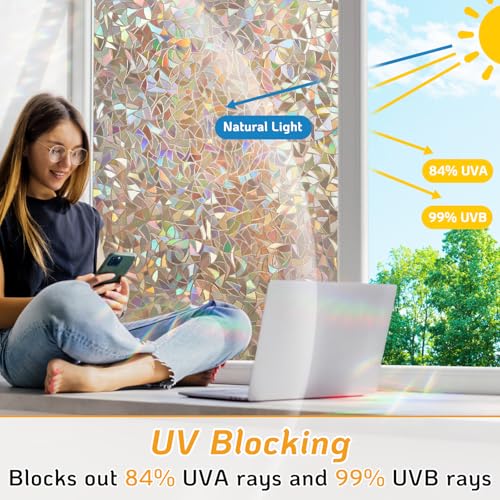 Image of LUTE Rainbow Window Privacy Film, Stained Cling, Brown, 17.5 inch x 78.7 inch | 3D Decorative Non-Adhesive Vinyl, Static Cling Removable Glass Stickers, Sun UV Blocking Decal Covering for Home Office