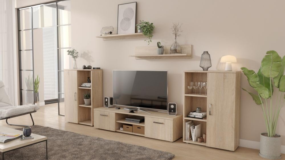Per la vita Wohnwand Herkules, Schrankwand Wohnzimmer Modern, Wohnzimmerschrank mit Fernsehtisch, Sideboard und Wandregal Wohnzimmer Komplett Möbel - Sonoma
