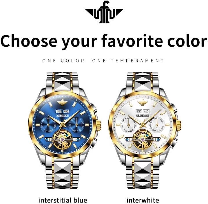 OLEVS Watch for Men Diamond Business Dress Analog Quartz Stainless Steel Waterproof Luminous Date Two Tone Luxury Casual Wrist Watch Blue - Image 5