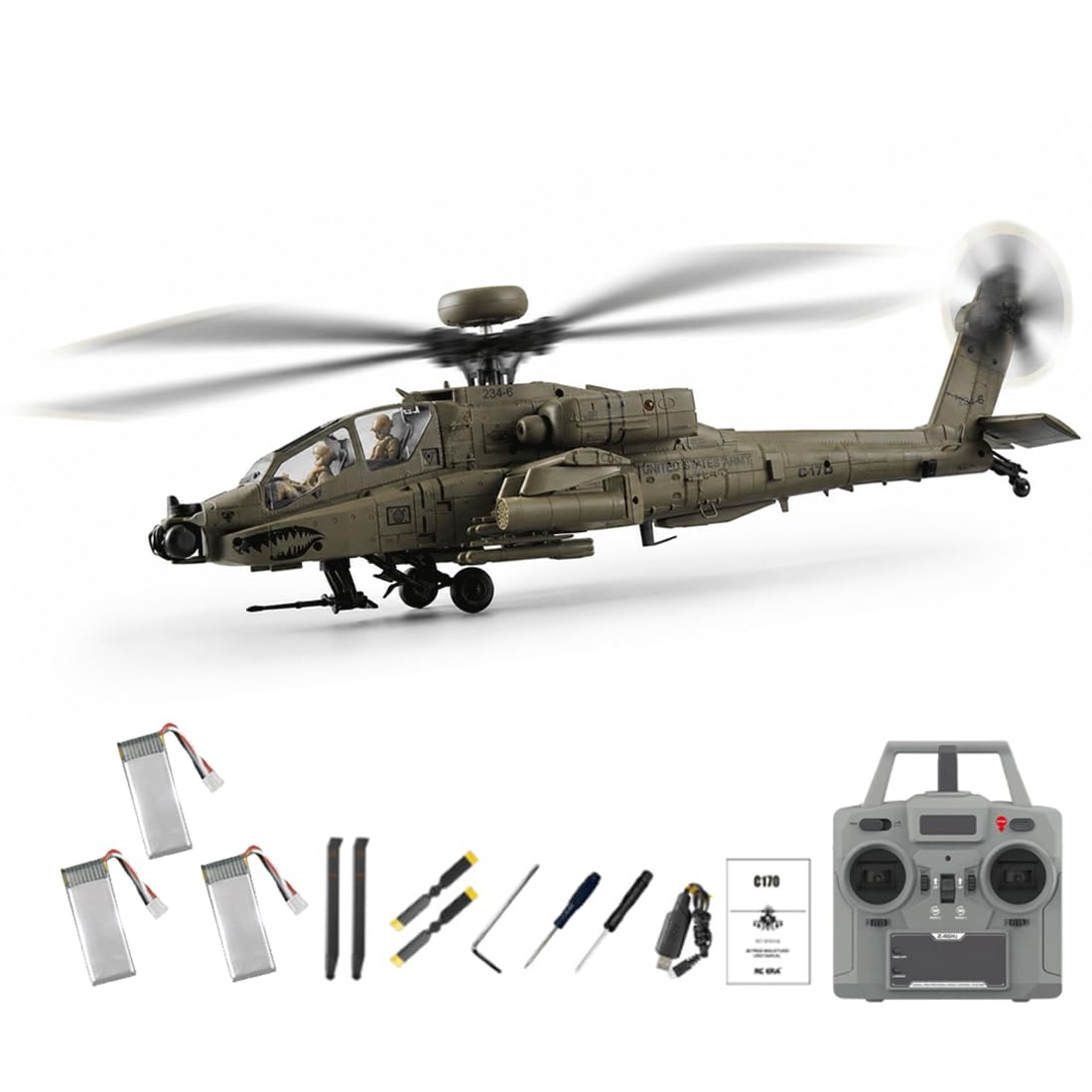 NULA RC-ERA C170 AH-64D 6CH RC Helicopter 1/48 Flybarless Military Aircraft With Optical Flow Positioning,Altitude Hold,Brushless Motor,One-Key Inverted Flight-Army Green/3 Battery