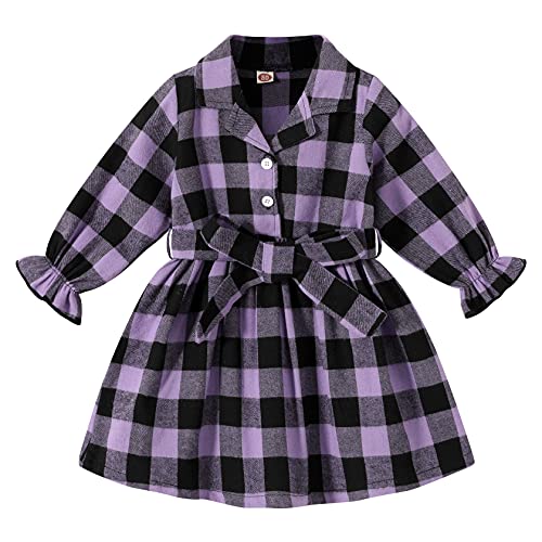 Image of Happy Town Toddler Girl Plaid Dress Fall Long Sleeve Belted Button Down Shirts Dress Baby Girl's Clothing