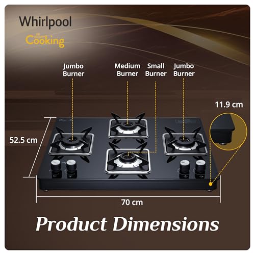 Whirlpool 70cm 4 Burner Auto Ignition Gas Stove | SABAF Brass Burners & Valves | 8mm Thick Toughened Black Glass | 10-Year Burner & Valve and... - Image 6