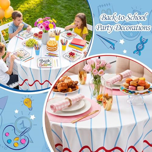 Image of Hahafelt 6 Pcs Back to School Plastic Tablecloth 84 Inch Round Notebook Paper Disposable Table Cover First Day of School Circular Table Cloth for Back Classroom Gatherings