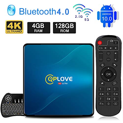 Android TV Box 10.0, QPLOVE Q8?4GB+128GB? avec Mini Clavier Touchpad RK3318 Quad-Core 64bit 4K Ultra HD Smart TV Box Support Dual WiFi 2.4G/5GHz 100M LAN H.265 3D Bluetooth 4.0 Set Top Box