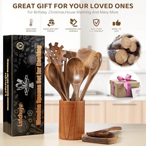 Cucharas de madera para cocinar, juego de utensilios de cocina de teca con espátulas y base 5