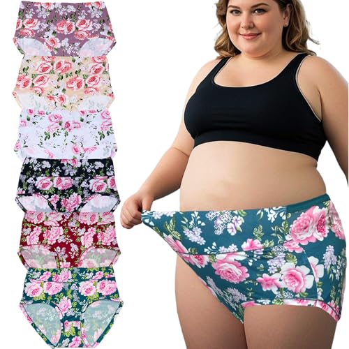 Women's Underwear Plus Size XL-6XL Panties Briefs High Waist Rose Floral Print 6 Pack Undies