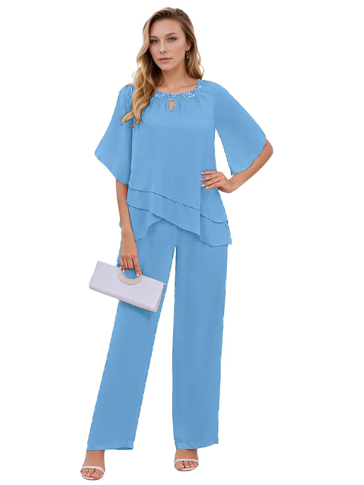 Dressy Mother of The Bride Pant Suits for Women Ruffled Chiffon 2 Pieces Formal Wedding Guest Outfits with